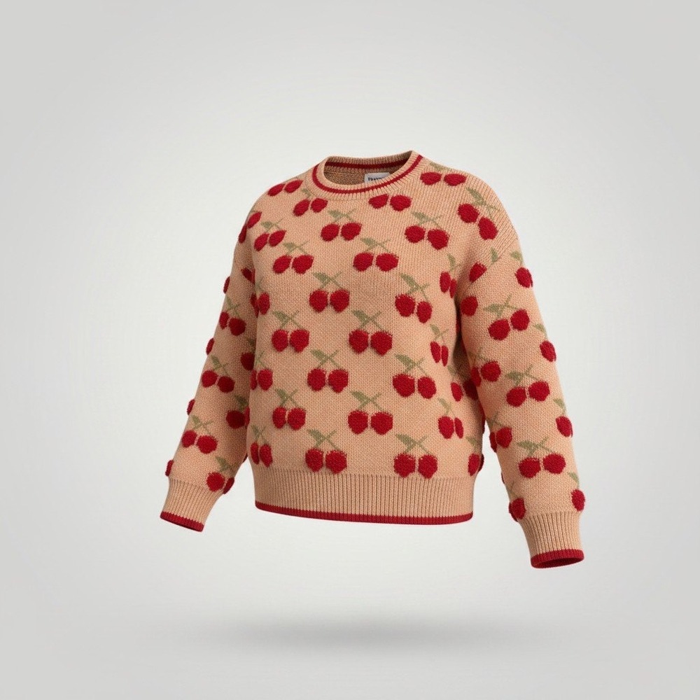 &merci Cherry Print Sweater Womens Small Tan Red Fuzzy Pom Pom Coquette Cottage - Picture 11 of 11